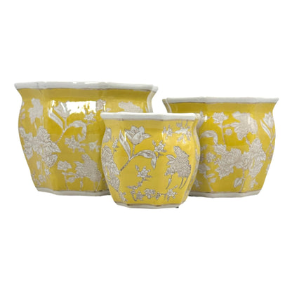 Galt International Blue & White Round Fluted Classic Floral Porcelain Ceramic Plant Flower Planter Pot Set of 3 (7.5", 10", 13") Garden Pots Chinese Asian Design