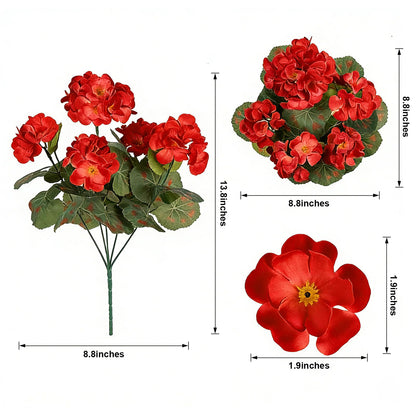 12 Bundles Artificial Geranium Fake Flowers for Outdoor UV Resistant, Outside Spring Red Flower Decoration for Home Kitchen Table Cemetery Garden Planter, Front Door Silk Faux Plants