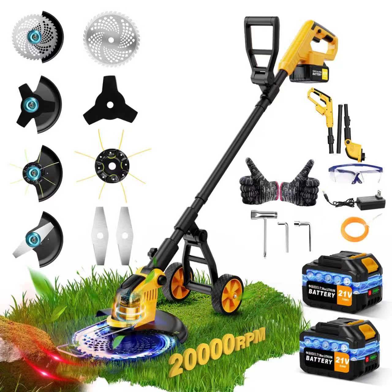 6000mAh 4-in-1 Electric Weed Wacker Cordless, 20000RPM Weed Eater Battery Powered, Heavy Duty Brush Cutter Edger Lawn Tool/Weed Trimmer/Grass Trimmer W/Wheel Metal Blade, 2 Battery Yard Tool