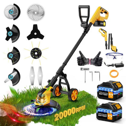 6000mAh 4-in-1 Electric Weed Wacker Cordless, 20000RPM Weed Eater Battery Powered, Heavy Duty Brush Cutter Edger Lawn Tool/Weed Trimmer/Grass Trimmer W/Wheel Metal Blade, 2 Battery Yard Tool
