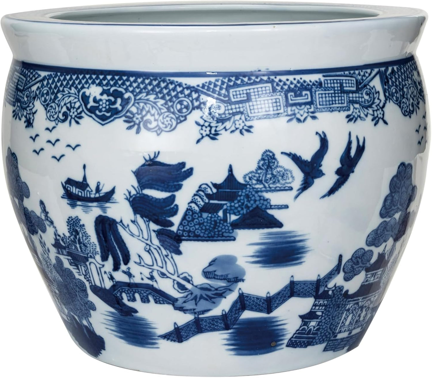 Creative Co-Op Hand-Painted Stoneware Planter, Blue and White