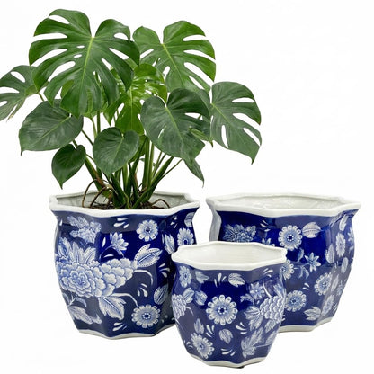 Galt International Blue & White Round Fluted Classic Floral Porcelain Ceramic Plant Flower Planter Pot Set of 3 (7.5", 10", 13") Garden Pots Chinese Asian Design