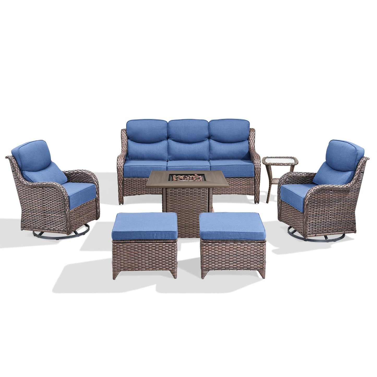 Luxury Patio Furniture Set with 6-inch Thick Cushion, Outdoor Furniture with Fire Pit Table, Swivel Chairs, Sofa, Side Table, Ottomans, 9pcs Wicker Conversation Set(Brown Wicker | Grey Cushion)