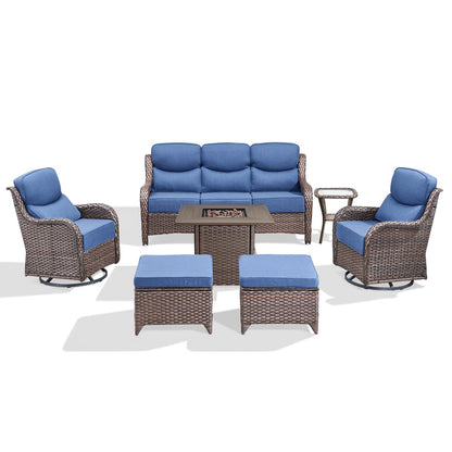 Luxury Patio Furniture Set with 6-inch Thick Cushion, Outdoor Furniture with Fire Pit Table, Swivel Chairs, Sofa, Side Table, Ottomans, 9pcs Wicker Conversation Set(Brown Wicker | Grey Cushion)