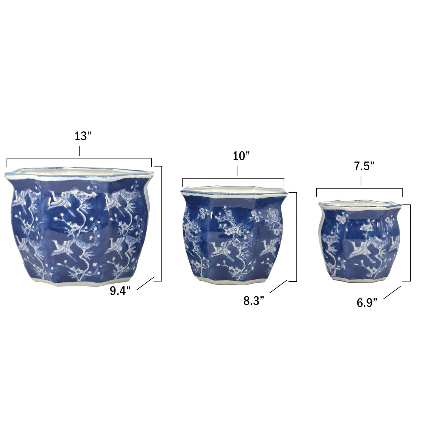 Galt International Blue & White Round Fluted Classic Floral Porcelain Ceramic Plant Flower Planter Pot Set of 3 (7.5", 10", 13") Garden Pots Chinese Asian Design