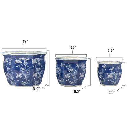 Galt International Blue & White Round Fluted Classic Floral Porcelain Ceramic Plant Flower Planter Pot Set of 3 (7.5", 10", 13") Garden Pots Chinese Asian Design