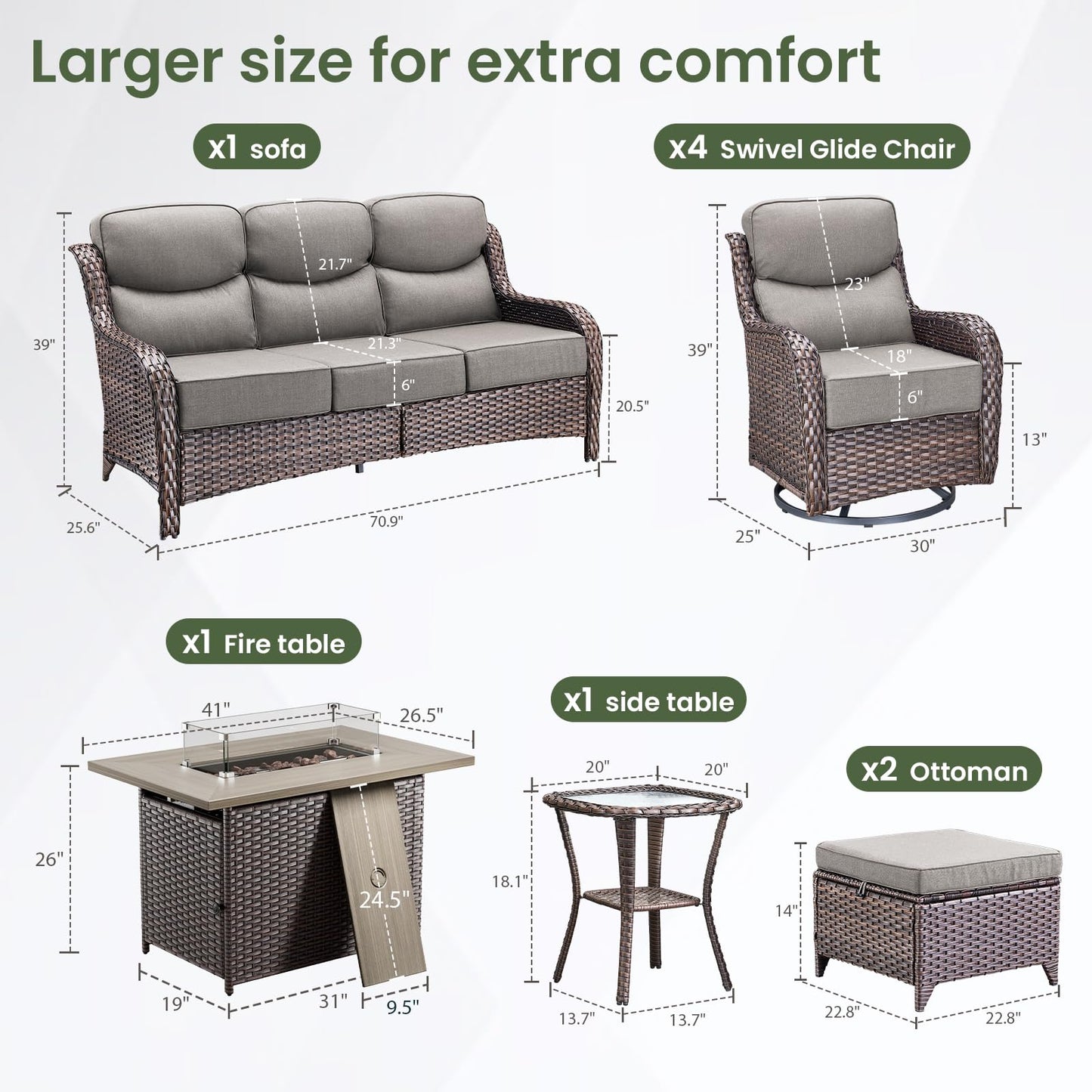 Luxury Patio Furniture Set with 6-inch Thick Cushion, Outdoor Furniture with Fire Pit Table, Swivel Chairs, Sofa, Side Table, Ottomans, 9pcs Wicker Conversation Set(Brown Wicker | Grey Cushion)