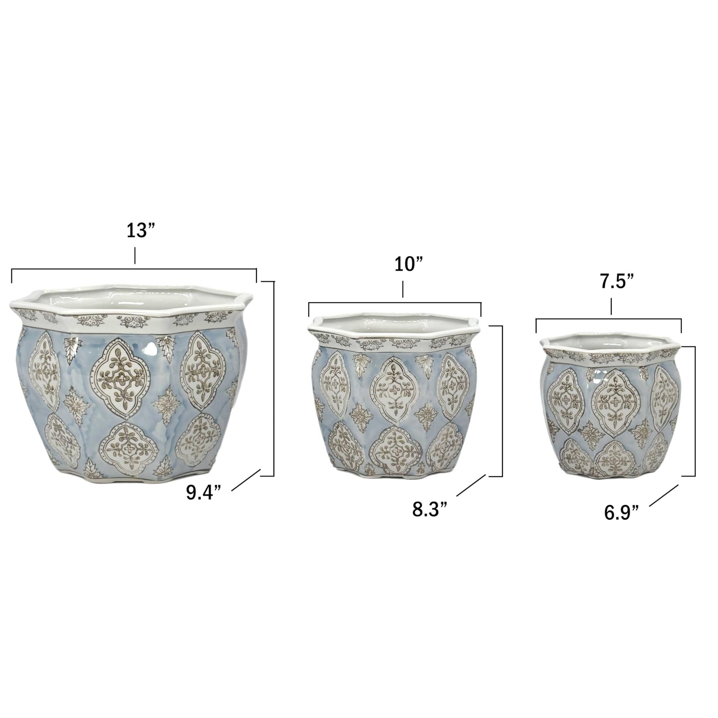Galt International Blue & White Round Fluted Classic Floral Porcelain Ceramic Plant Flower Planter Pot Set of 3 (7.5", 10", 13") Garden Pots Chinese Asian Design
