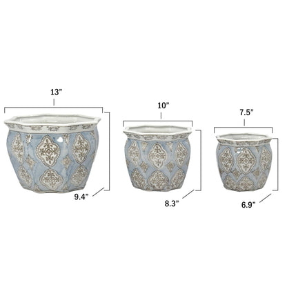 Galt International Blue & White Round Fluted Classic Floral Porcelain Ceramic Plant Flower Planter Pot Set of 3 (7.5", 10", 13") Garden Pots Chinese Asian Design