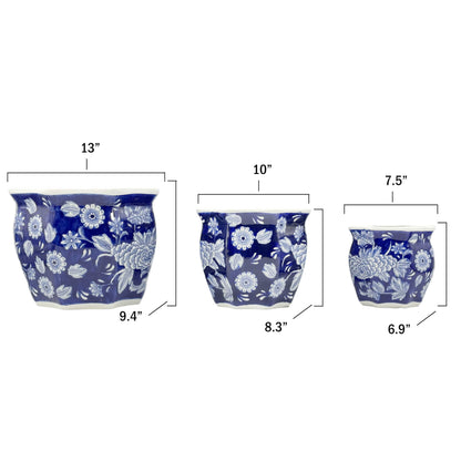 Galt International Blue & White Round Fluted Classic Floral Porcelain Ceramic Plant Flower Planter Pot Set of 3 (7.5", 10", 13") Garden Pots Chinese Asian Design