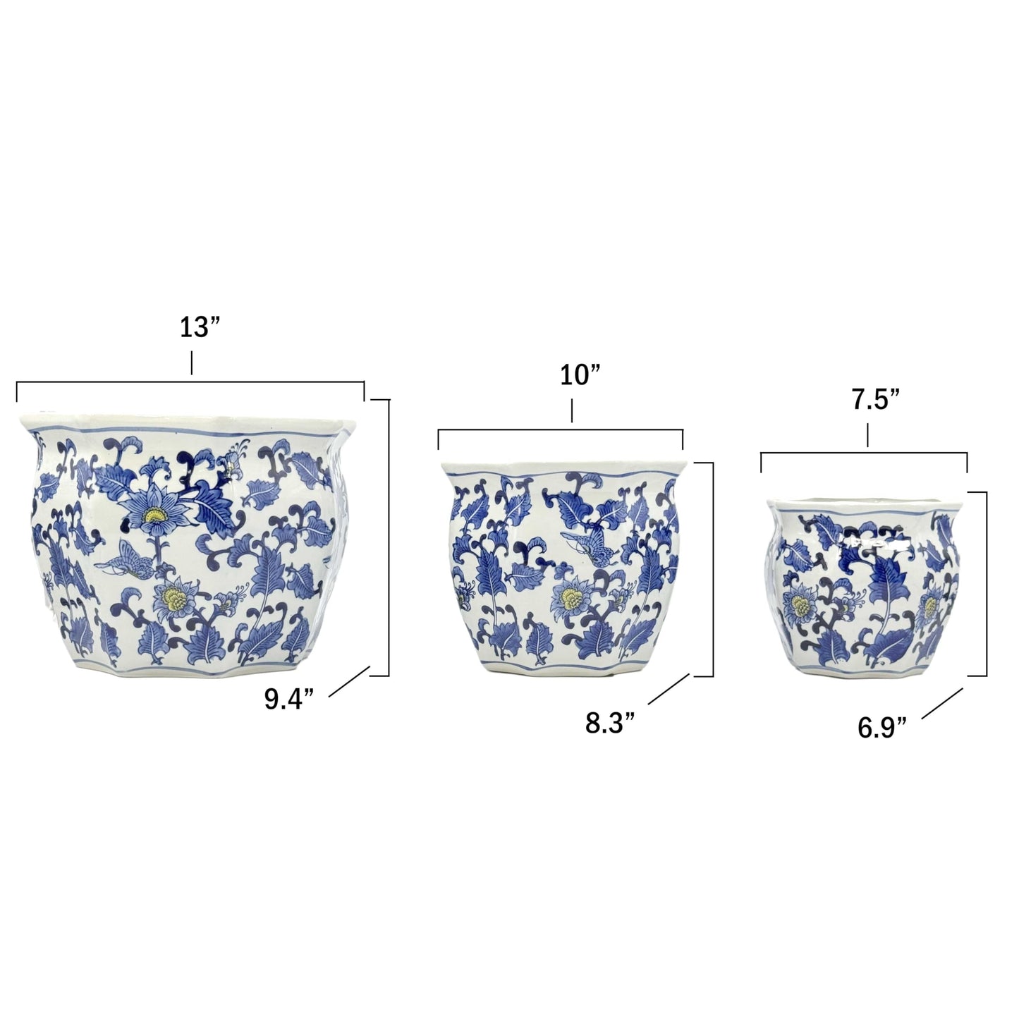 Galt International Blue & White Round Fluted Classic Floral Porcelain Ceramic Plant Flower Planter Pot Set of 3 (7.5", 10", 13") Garden Pots Chinese Asian Design