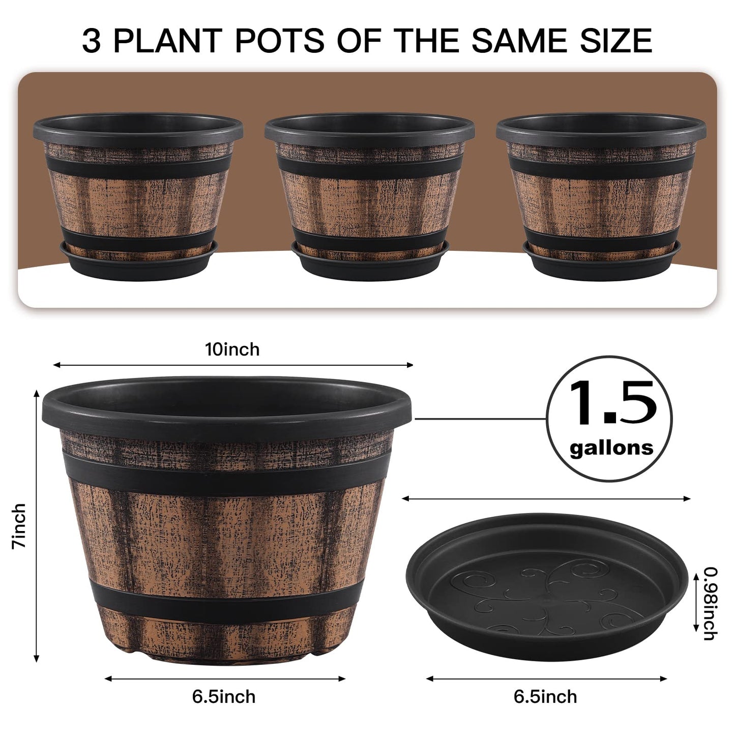 Quarut Plant Pots Set of 4 Pack 12 inch,Large Whiskey Barrel Planters with Drainage Holes & Saucer.Plastic Flower Pots Imitation Wine Barrel Design, for Indoor & Outdoor Garden Home Plants (Brown)