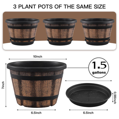 Quarut Plant Pots Set of 4 Pack 12 inch,Large Whiskey Barrel Planters with Drainage Holes & Saucer.Plastic Flower Pots Imitation Wine Barrel Design, for Indoor & Outdoor Garden Home Plants (Brown)