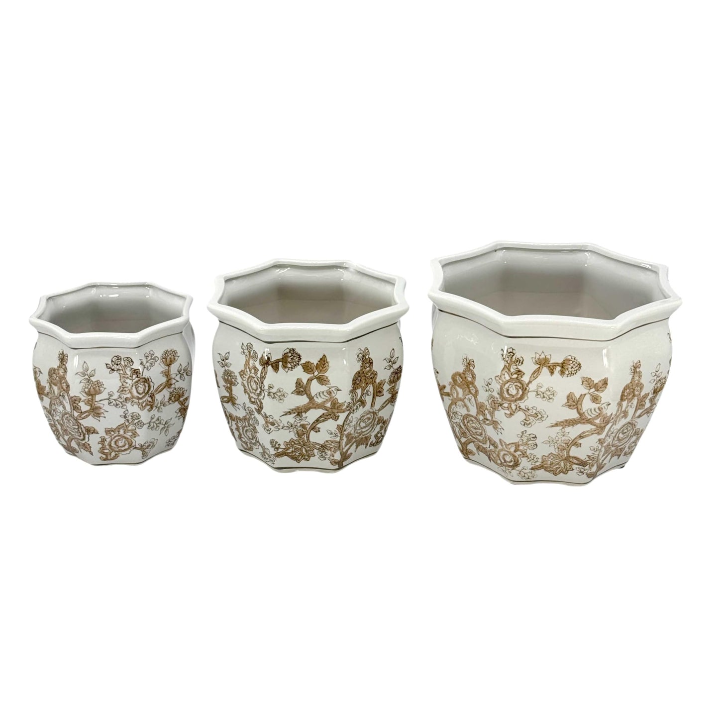 Galt International Blue & White Round Fluted Classic Floral Porcelain Ceramic Plant Flower Planter Pot Set of 3 (7.5", 10", 13") Garden Pots Chinese Asian Design