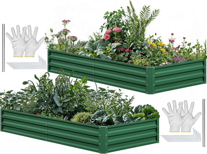 YITAHOME 6pcs 8x4x2 ft Galvanized Raised Garden Bed Kit, Large Metal Planter Box with Gloves, Safety Rubber & Support Rod, Outdoor Flower Bed for Plants Vegetables, Green