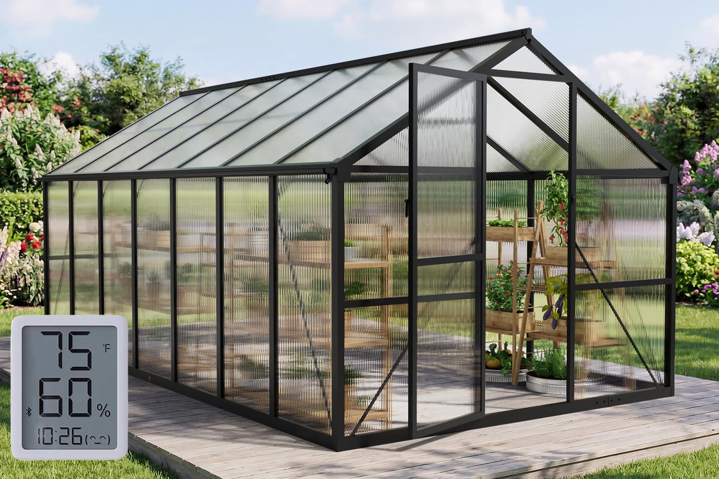 12x12 FT T-Shape Greenhouses, Polycarbonate Green House with UV Protection, Heavy Duty Greenhouse with Windproof Aluminum Frame, Roof Vent & Quick-Install Design for Backyard or Garden Use