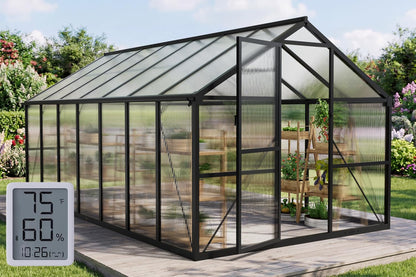 12x12 FT T-Shape Greenhouses, Polycarbonate Green House with UV Protection, Heavy Duty Greenhouse with Windproof Aluminum Frame, Roof Vent & Quick-Install Design for Backyard or Garden Use