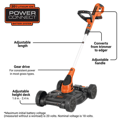 BLACK+DECKER Weed Eater, Lawn Edger and Cordless Lawn Mower 3 in 1 Combo, Includes (2) Batteries, Charger, 12 Inch Battery Powered String Trimmer and Lawnmower, Adjustable Length and Height (MTC220)