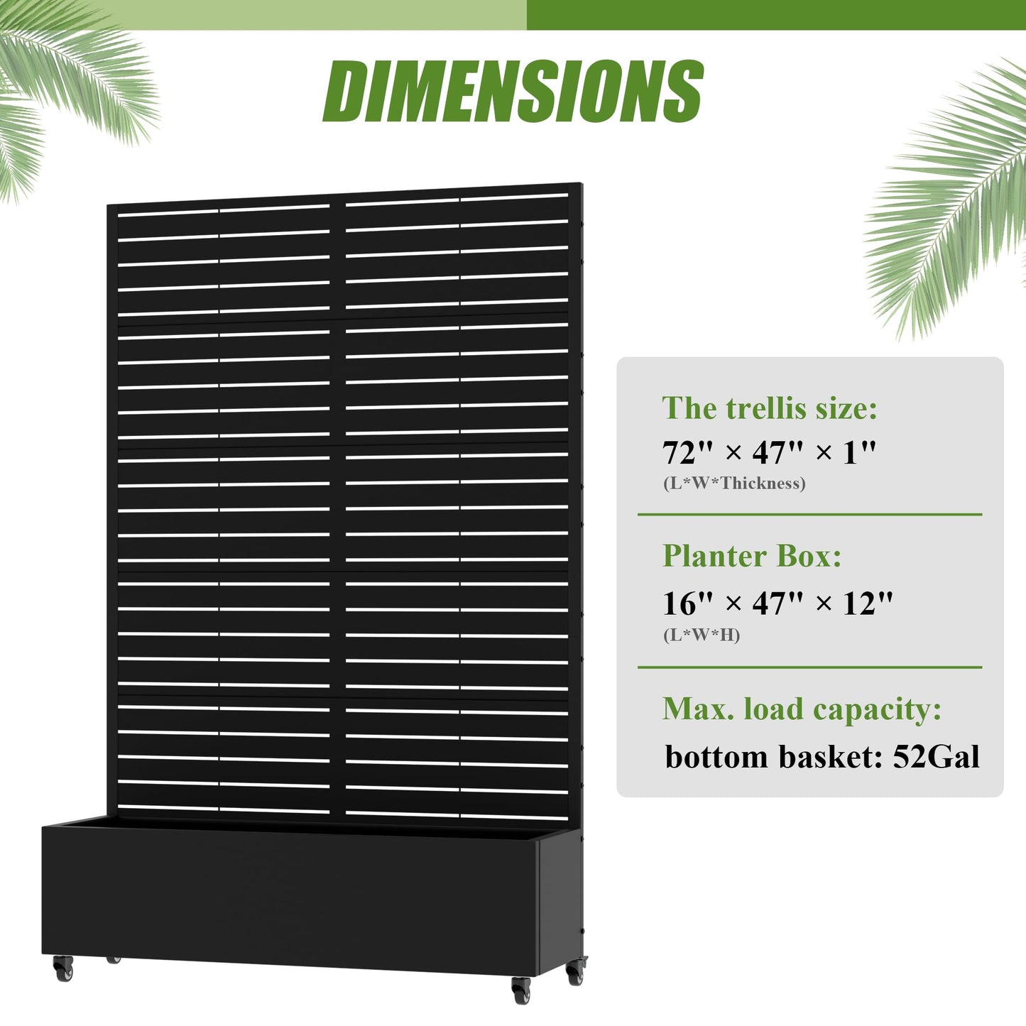 72" H Metal Raised Garden Bed with Trellis and Wheels, Privacy Screen Outdoor Planter Box with Decor Leaf Pattern, Large Mobile Vertical Planter for Patio, Balcony & Backyard