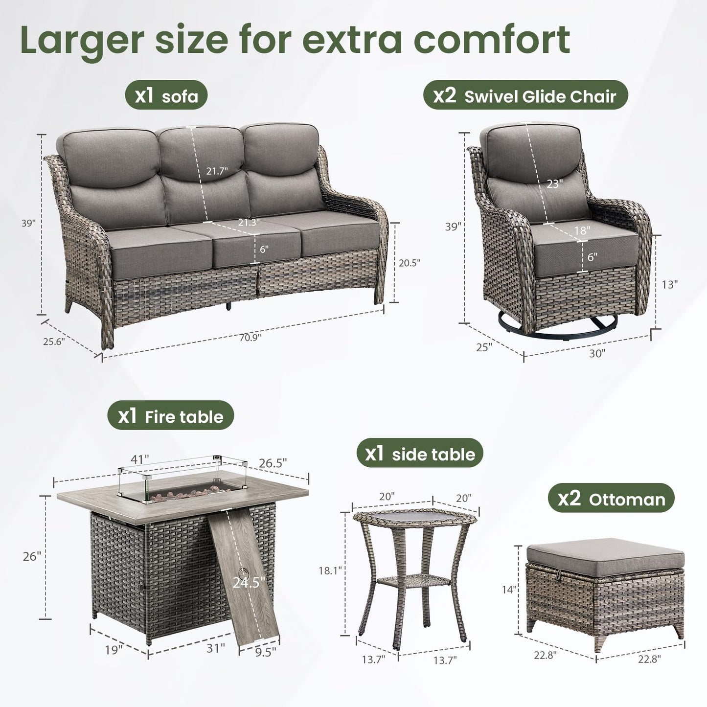 Luxury Patio Furniture Set with 6-inch Thick Cushion, Outdoor Furniture with Fire Pit Table, Swivel Chairs, Sofa, Side Table, Ottomans, 9pcs Wicker Conversation Set(Brown Wicker | Grey Cushion)