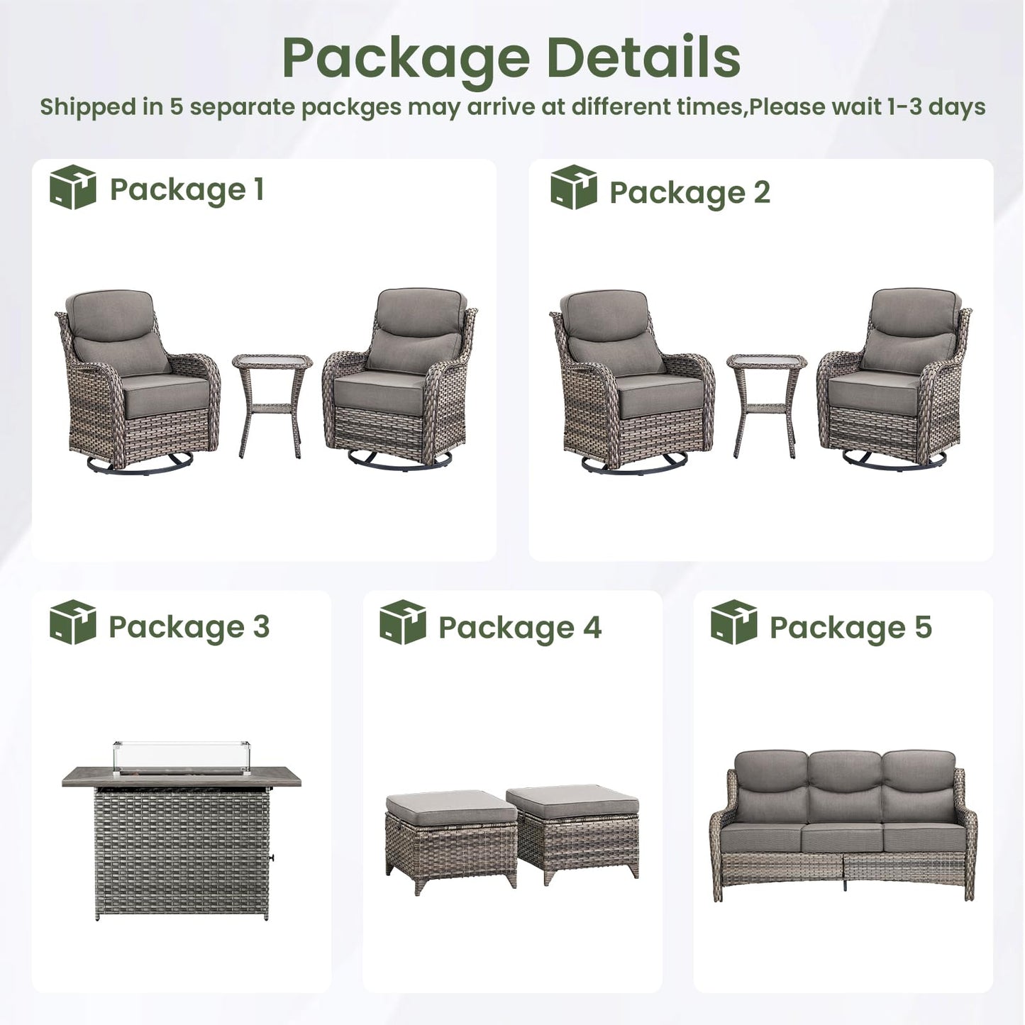 Luxury Patio Furniture Set with 6-inch Thick Cushion, Outdoor Furniture with Fire Pit Table, Swivel Chairs, Sofa, Side Table, Ottomans, 9pcs Wicker Conversation Set(Brown Wicker | Grey Cushion)