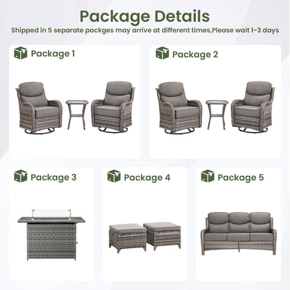 Luxury Patio Furniture Set with 6-inch Thick Cushion, Outdoor Furniture with Fire Pit Table, Swivel Chairs, Sofa, Side Table, Ottomans, 9pcs Wicker Conversation Set(Brown Wicker | Grey Cushion)