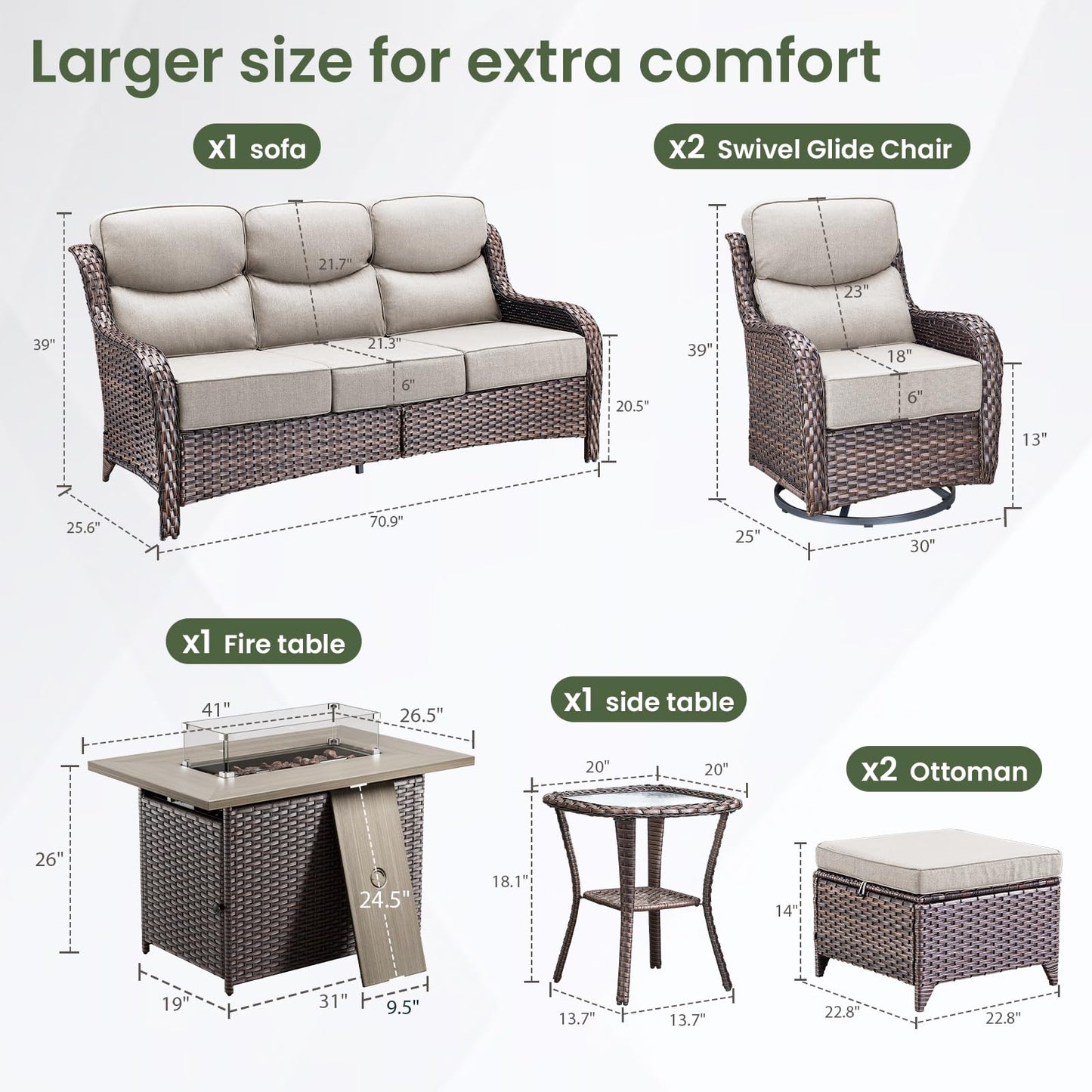 Luxury Patio Furniture Set with 6-inch Thick Cushion, Outdoor Furniture with Fire Pit Table, Swivel Chairs, Sofa, Side Table, Ottomans, 9pcs Wicker Conversation Set(Brown Wicker | Grey Cushion)
