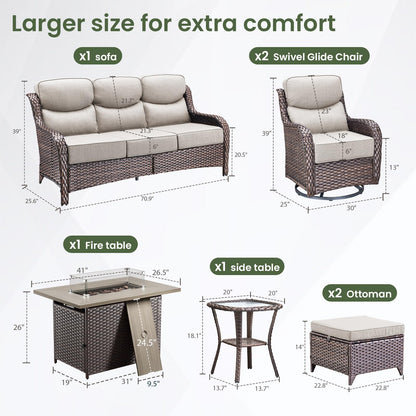 Luxury Patio Furniture Set with 6-inch Thick Cushion, Outdoor Furniture with Fire Pit Table, Swivel Chairs, Sofa, Side Table, Ottomans, 9pcs Wicker Conversation Set(Brown Wicker | Grey Cushion)