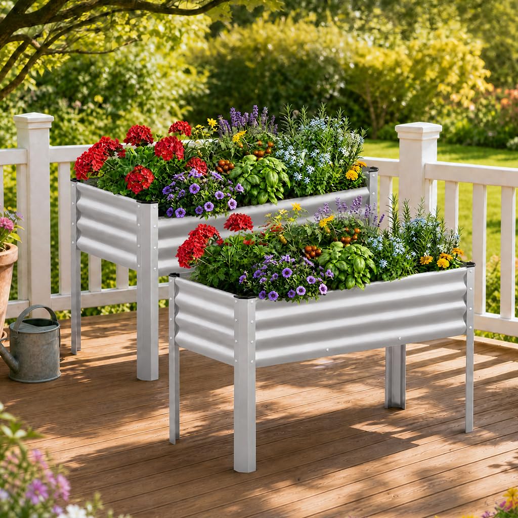 COMHOMA 2 Pack Planter Box with Trellis and Wheels, 48In Elevated Raised Garden Bed, Drainage Holes, Outdoor Lattice for Climbing Flowers, Vegetables, Patio Balcony, Brown
