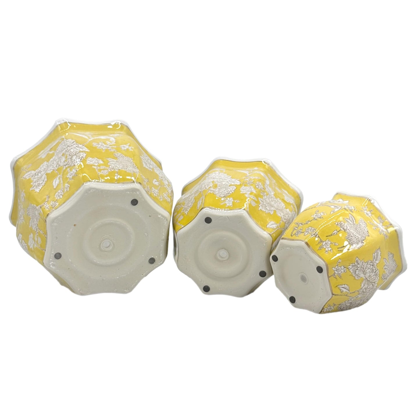 Galt International Blue & White Round Fluted Classic Floral Porcelain Ceramic Plant Flower Planter Pot Set of 3 (7.5", 10", 13") Garden Pots Chinese Asian Design