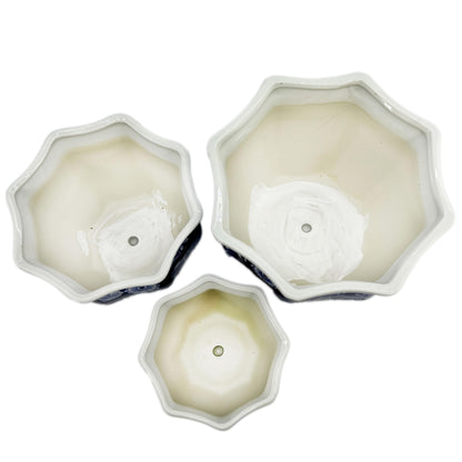 Galt International Blue & White Round Fluted Classic Floral Porcelain Ceramic Plant Flower Planter Pot Set of 3 (7.5", 10", 13") Garden Pots Chinese Asian Design