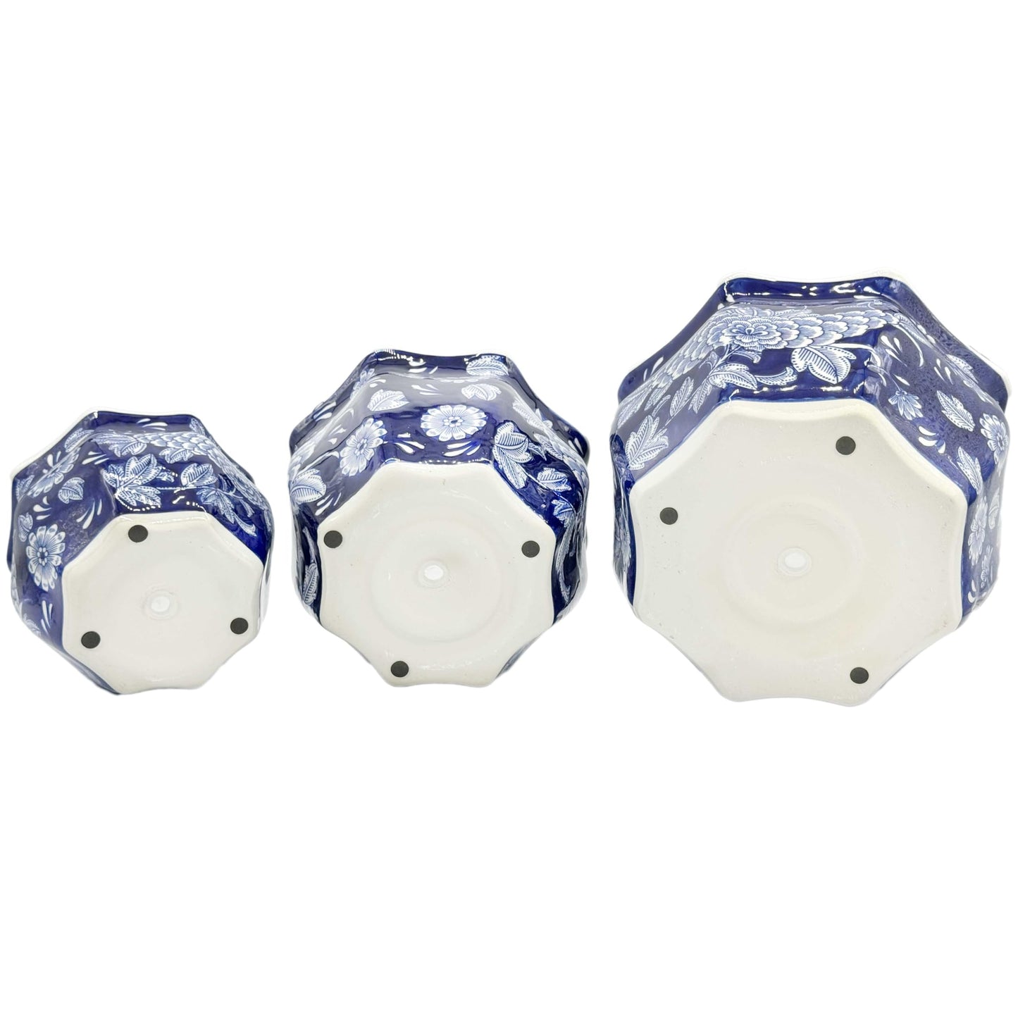 Galt International Blue & White Round Fluted Classic Floral Porcelain Ceramic Plant Flower Planter Pot Set of 3 (7.5", 10", 13") Garden Pots Chinese Asian Design
