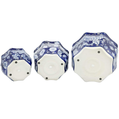 Galt International Blue & White Round Fluted Classic Floral Porcelain Ceramic Plant Flower Planter Pot Set of 3 (7.5", 10", 13") Garden Pots Chinese Asian Design