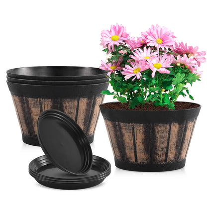 Quarut Plant Pots Set of 4 Pack 12 inch,Large Whiskey Barrel Planters with Drainage Holes & Saucer.Plastic Flower Pots Imitation Wine Barrel Design, for Indoor & Outdoor Garden Home Plants (Brown)