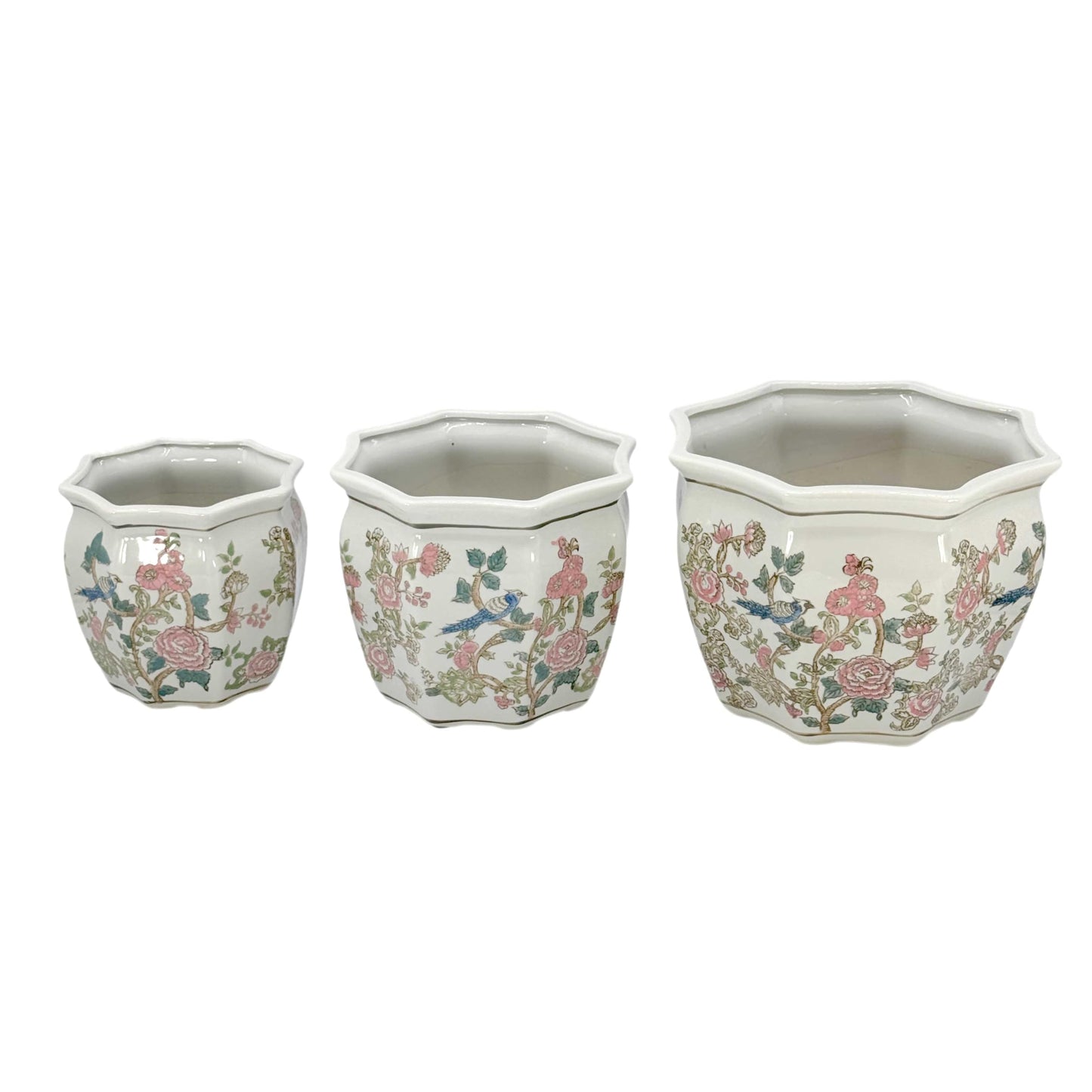 Galt International Blue & White Round Fluted Classic Floral Porcelain Ceramic Plant Flower Planter Pot Set of 3 (7.5", 10", 13") Garden Pots Chinese Asian Design