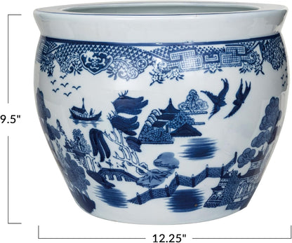 Creative Co-Op Hand-Painted Stoneware Planter, Blue and White