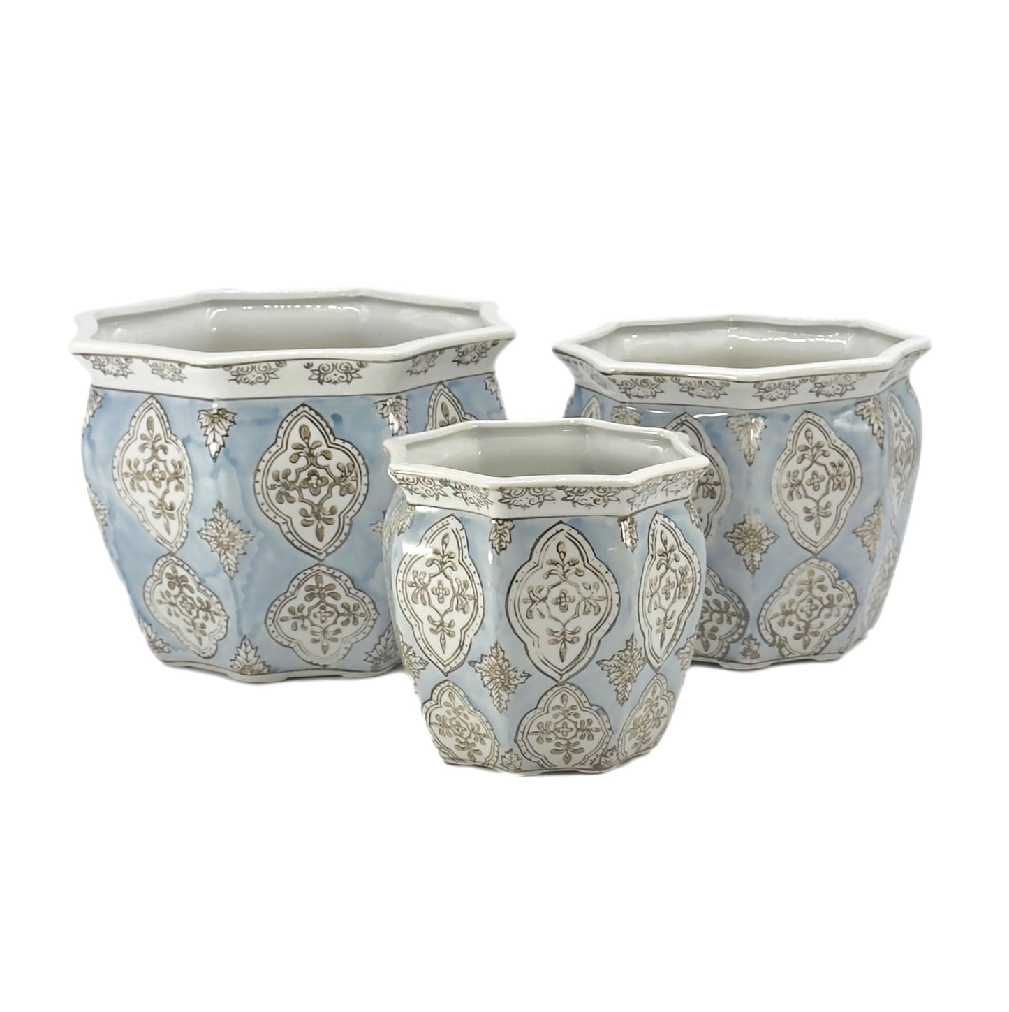 Galt International Blue & White Round Fluted Classic Floral Porcelain Ceramic Plant Flower Planter Pot Set of 3 (7.5", 10", 13") Garden Pots Chinese Asian Design