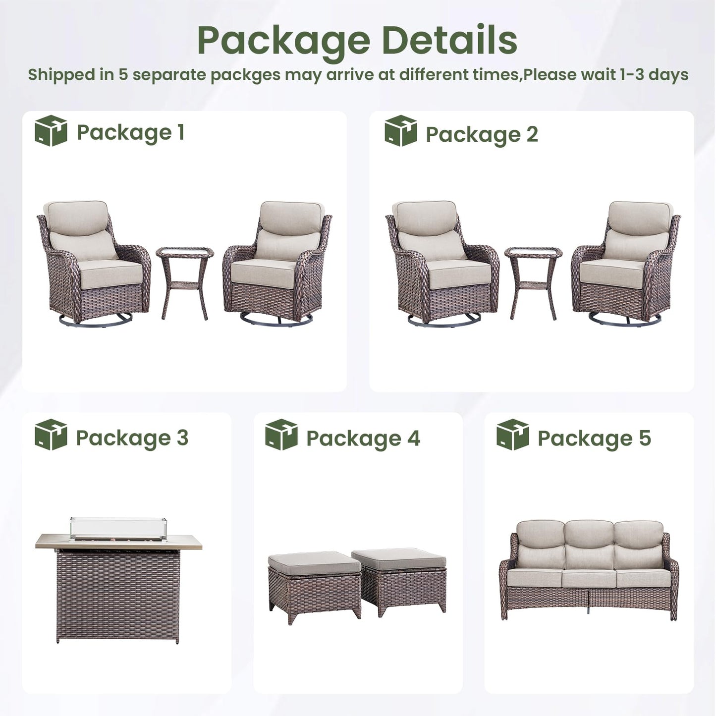 Luxury Patio Furniture Set with 6-inch Thick Cushion, Outdoor Furniture with Fire Pit Table, Swivel Chairs, Sofa, Side Table, Ottomans, 9pcs Wicker Conversation Set(Brown Wicker | Grey Cushion)