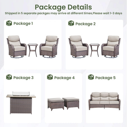 Luxury Patio Furniture Set with 6-inch Thick Cushion, Outdoor Furniture with Fire Pit Table, Swivel Chairs, Sofa, Side Table, Ottomans, 9pcs Wicker Conversation Set(Brown Wicker | Grey Cushion)