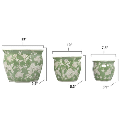 Galt International Blue & White Round Fluted Classic Floral Porcelain Ceramic Plant Flower Planter Pot Set of 3 (7.5", 10", 13") Garden Pots Chinese Asian Design