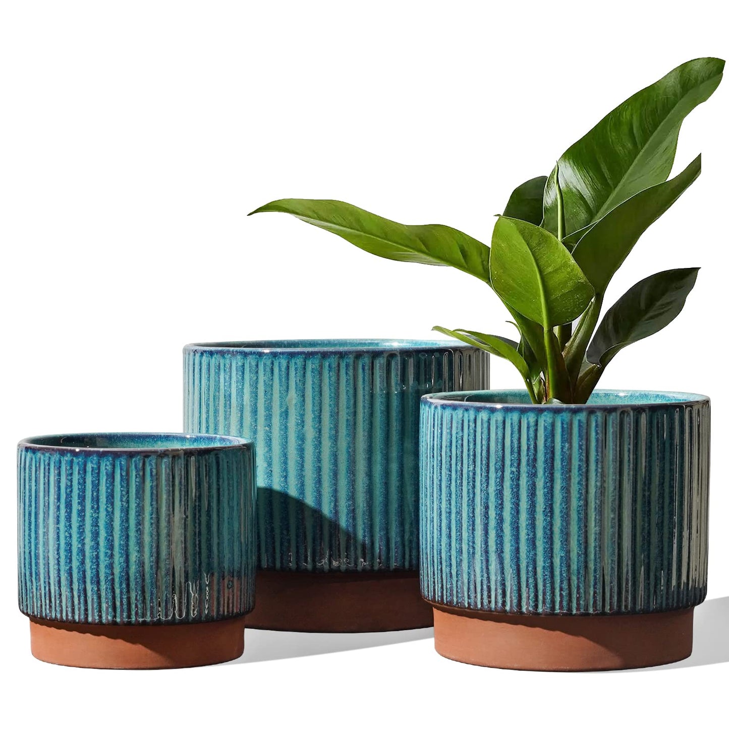 LE TAUCI Ceramic Plant Pots with Drainage Holes, Set of 3, 8+6.7+5.5 Inch Stripe Garden Planter Pots for Outdoor Indoor Plants Flower, Round Succulent Orchid Flower Pot, Reactive Glaze Black