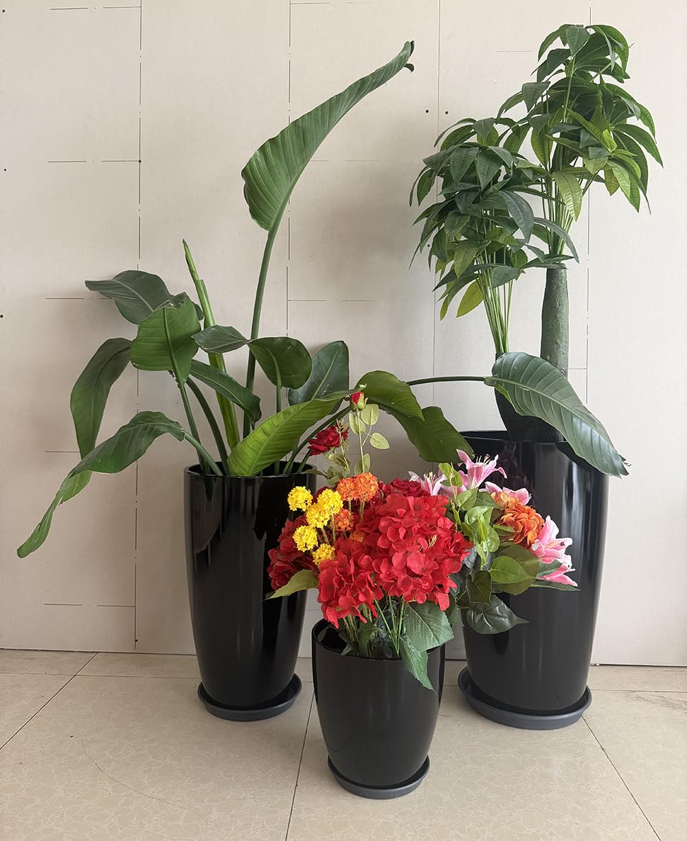 24,21,11 Inch Large Plastic Planters with Drainage Hole and Saucer - Set of 3 Tall Plant Pots Indoor Flower Pot Tall Round Planters Outdoor Large Tall Planter