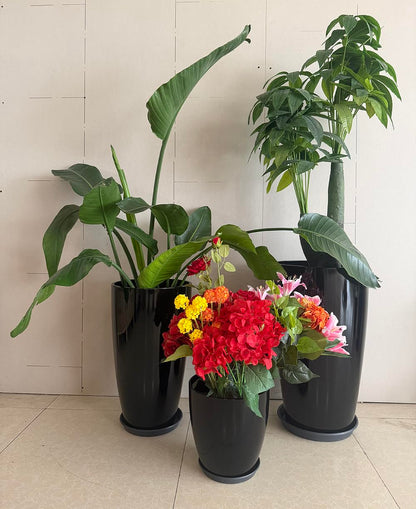 24,21,11 Inch Large Plastic Planters with Drainage Hole and Saucer - Set of 3 Tall Plant Pots Indoor Flower Pot Tall Round Planters Outdoor Large Tall Planter