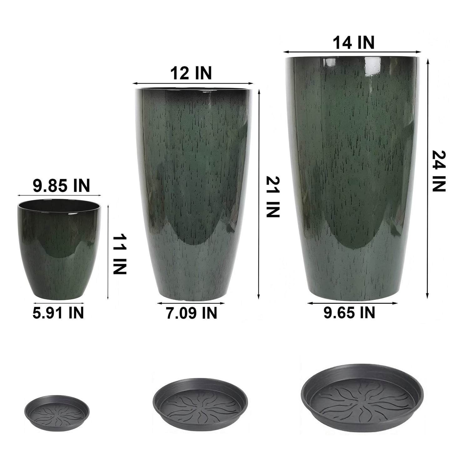 24,21,11 Inch Large Plastic Planters with Drainage Hole and Saucer - Set of 3 Tall Plant Pots Indoor Flower Pot Tall Round Planters Outdoor Large Tall Planter