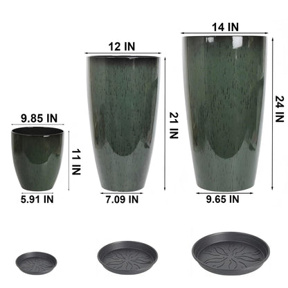 24,21,11 Inch Large Plastic Planters with Drainage Hole and Saucer - Set of 3 Tall Plant Pots Indoor Flower Pot Tall Round Planters Outdoor Large Tall Planter