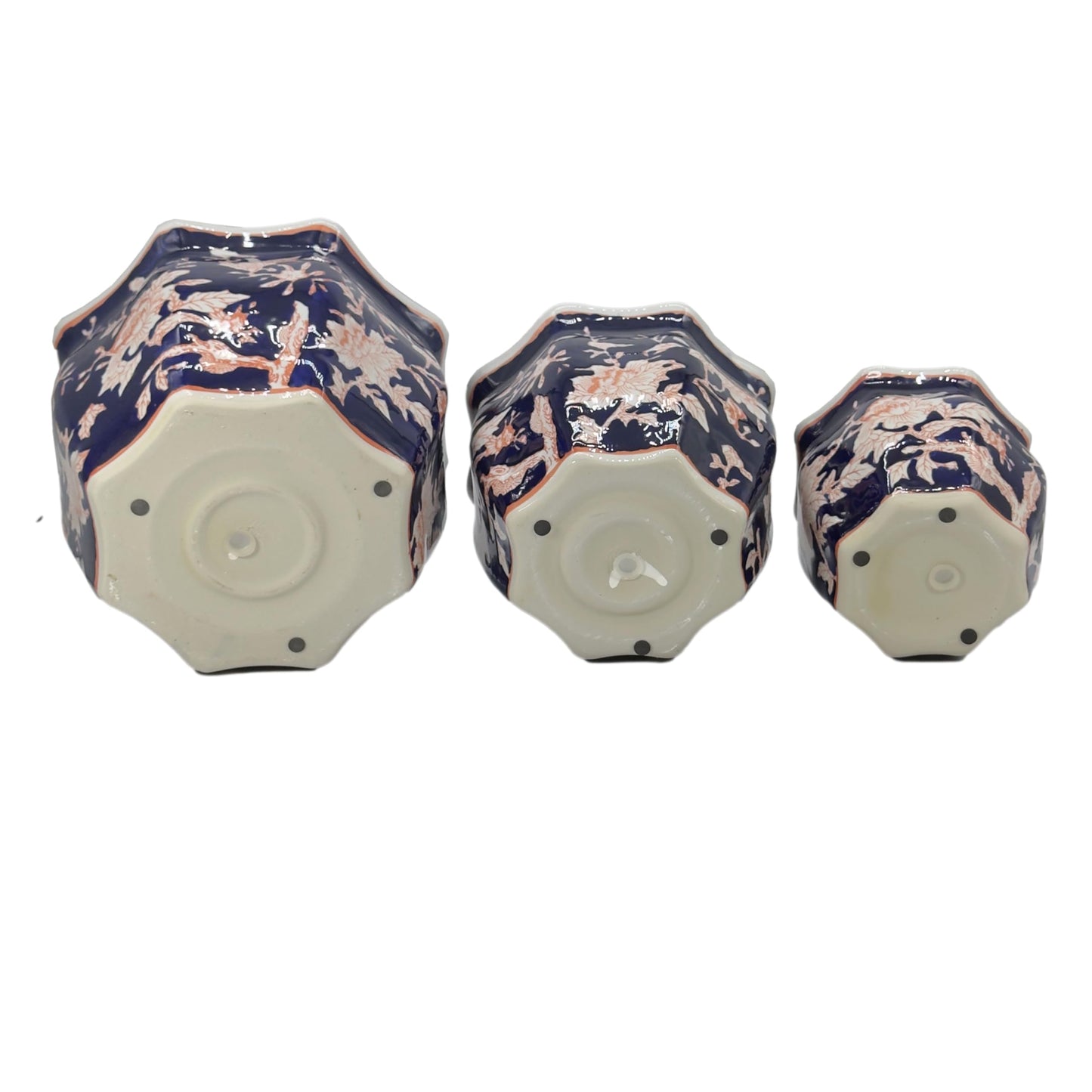 Galt International Blue & White Round Fluted Classic Floral Porcelain Ceramic Plant Flower Planter Pot Set of 3 (7.5", 10", 13") Garden Pots Chinese Asian Design