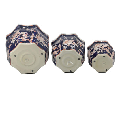 Galt International Blue & White Round Fluted Classic Floral Porcelain Ceramic Plant Flower Planter Pot Set of 3 (7.5", 10", 13") Garden Pots Chinese Asian Design