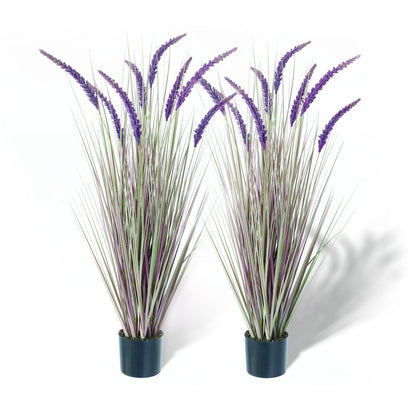 KOL 4ft 2-Pack Artificial Veronica Horsetail Reed Grass – 47in Tall Faux Purple Grass Plants in Pots, UV Resistant Fake Greenery for Indoor Outdoor Home, Office, Patio & Wedding Décor