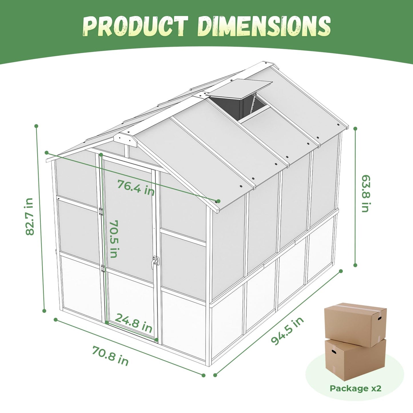 Jocoevol 6x12FT Greenhouse for Outdoors, Wooden Frame Polycarbonate Green House w/ Adjustable Roof Vent and Lockable Door Handle, Walk-in Greenhouses for Outside Garden Backyard