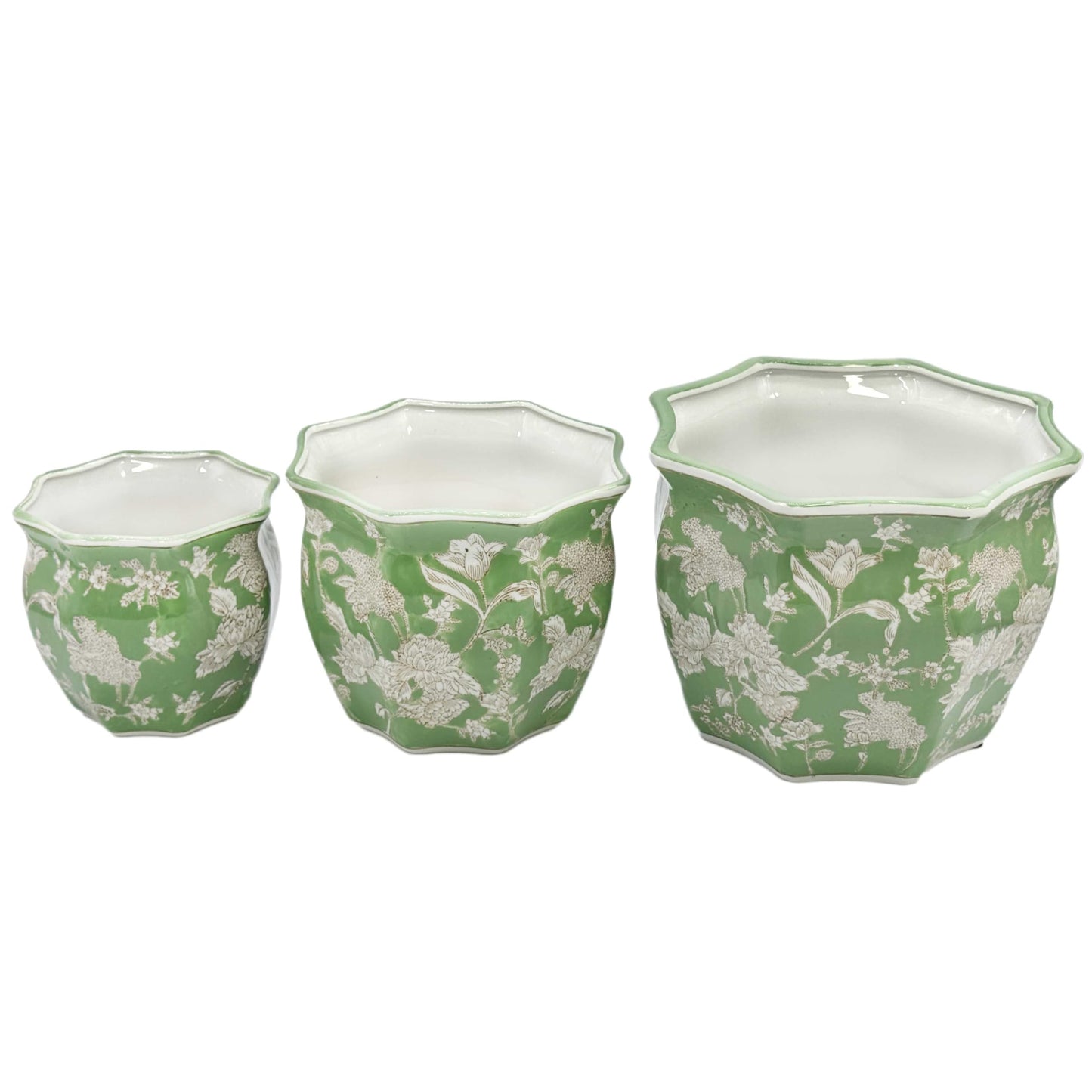 Galt International Blue & White Round Fluted Classic Floral Porcelain Ceramic Plant Flower Planter Pot Set of 3 (7.5", 10", 13") Garden Pots Chinese Asian Design